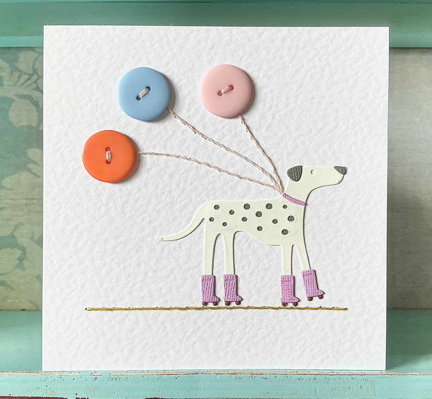 Dalmatian Card. Hand Stitched Cards. Roller Skating Card. Dalmatians. Cute Dog Card. Humorous Card. Balloon Card. Blank Card. Birthday Card.