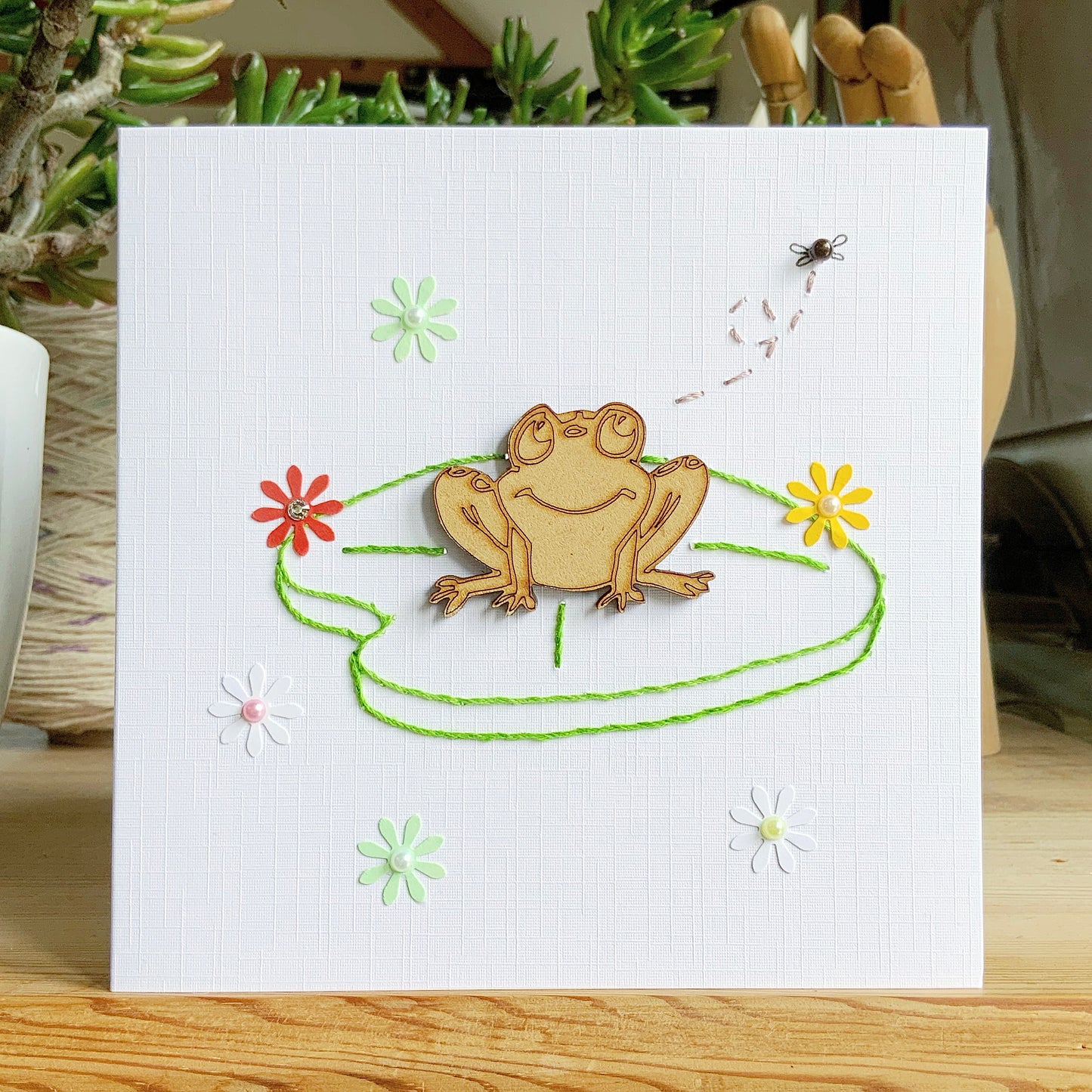Hand Sewn Frog Card. Stitched Card. Embroidered Card. Unique Keepsake Card.