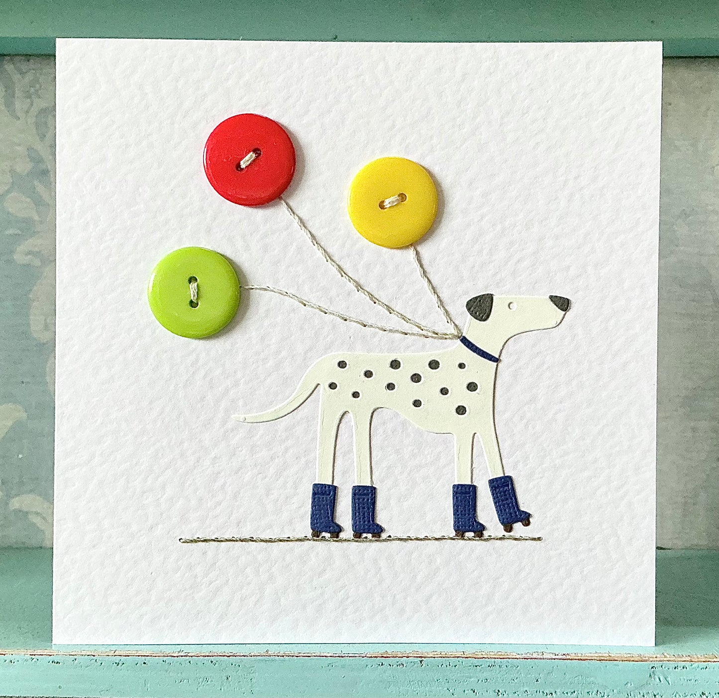 Dalmatian Card. Hand Stitched Card. Handmade Dalmatian Card. Roller Skating Card. Balloon Card Blank Card. Birthday Card.