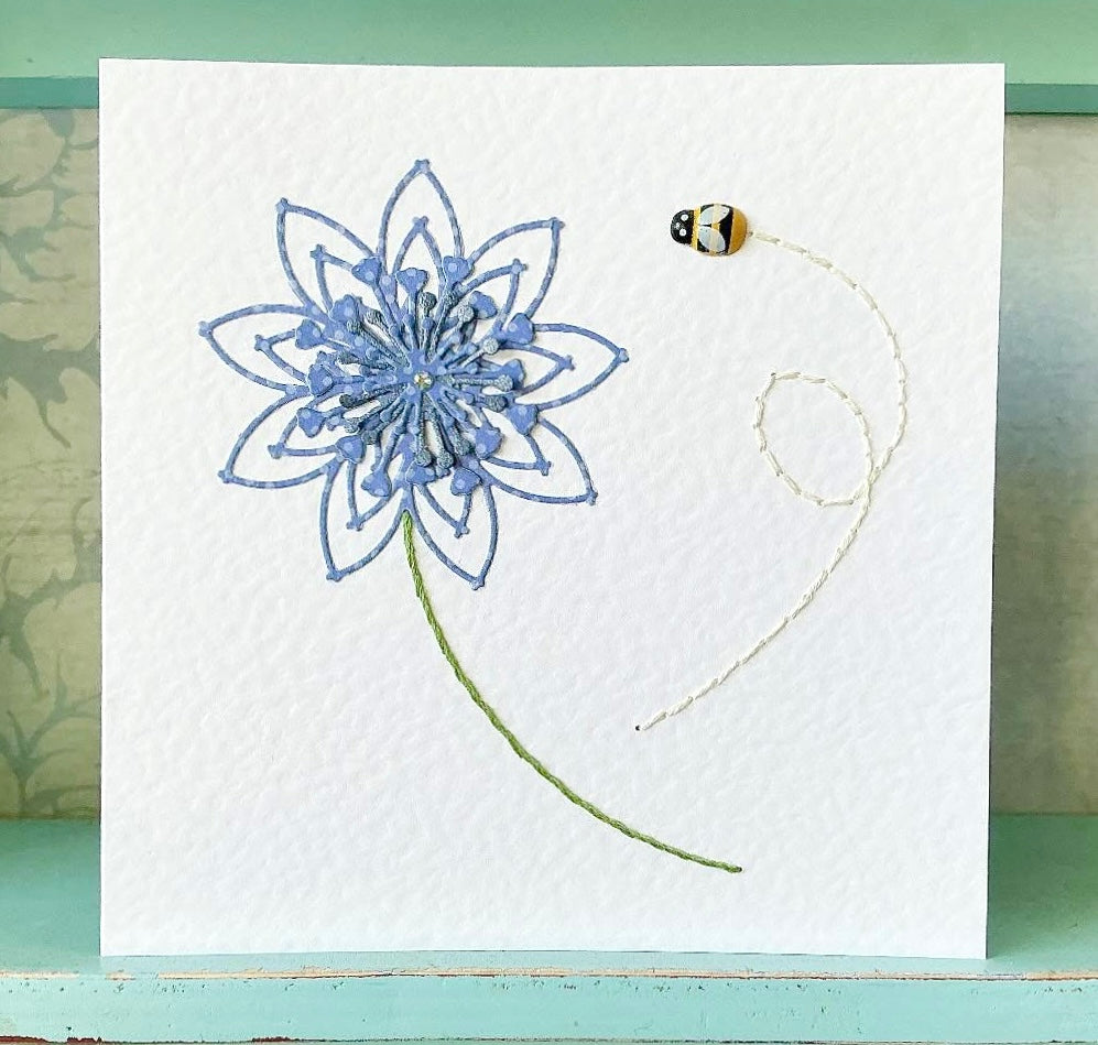 Flower Card. Hand Stitched Card. Handmade Card. Blue Flowers. Bee Card. Blank Card. Any Occasion Card. Greeting Cards.