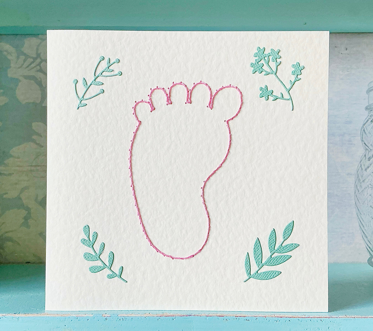 New Baby Card. Hand Embroidered Card. Handmade Card. Baby Shower Card. Baby Girl Card. Greetings Card. Blank Card.