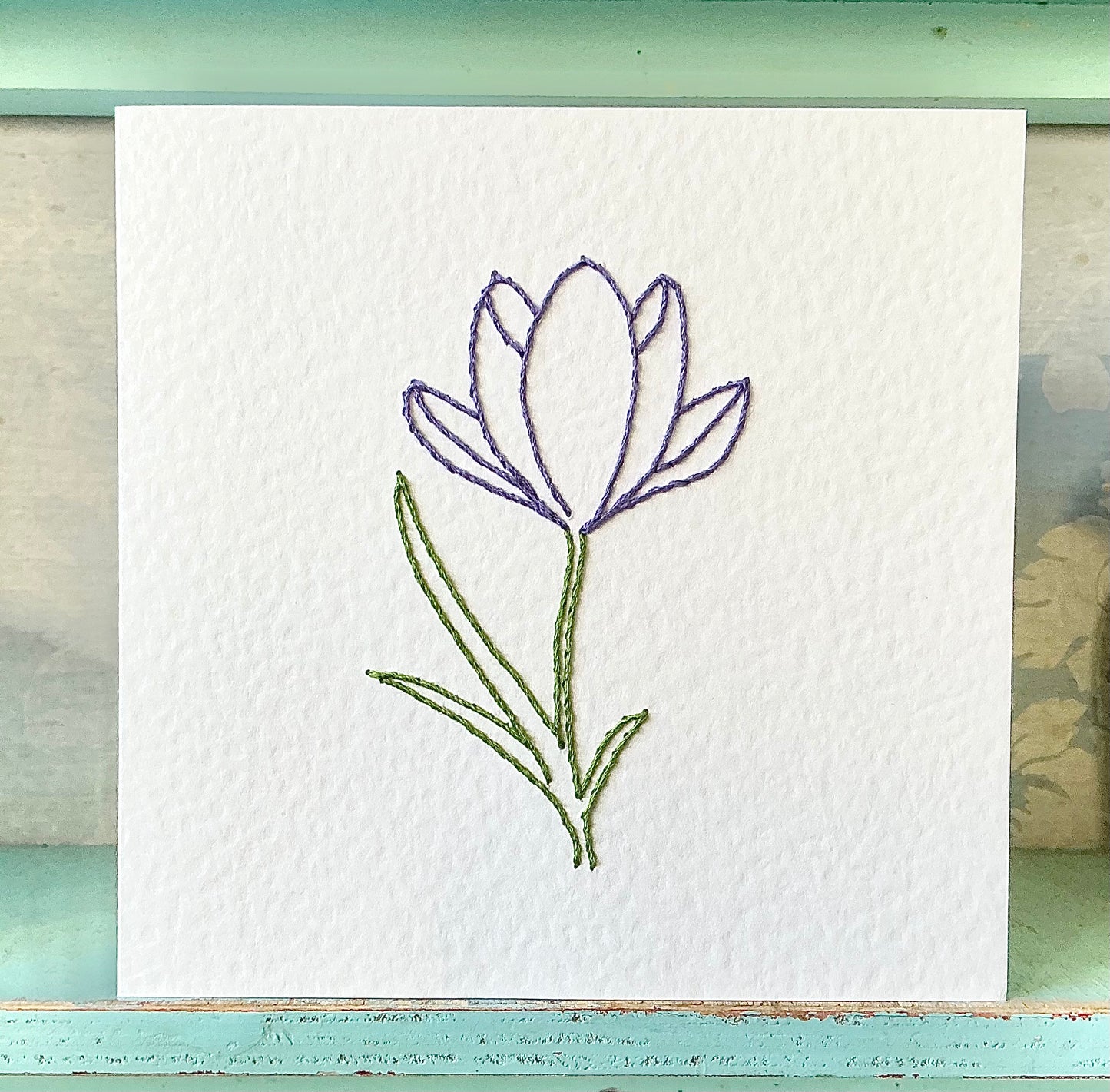 Hand Sewn Crocus Card. Embroidered Card. Hand Stitched Card. Blank Card. Mothers Day Card.