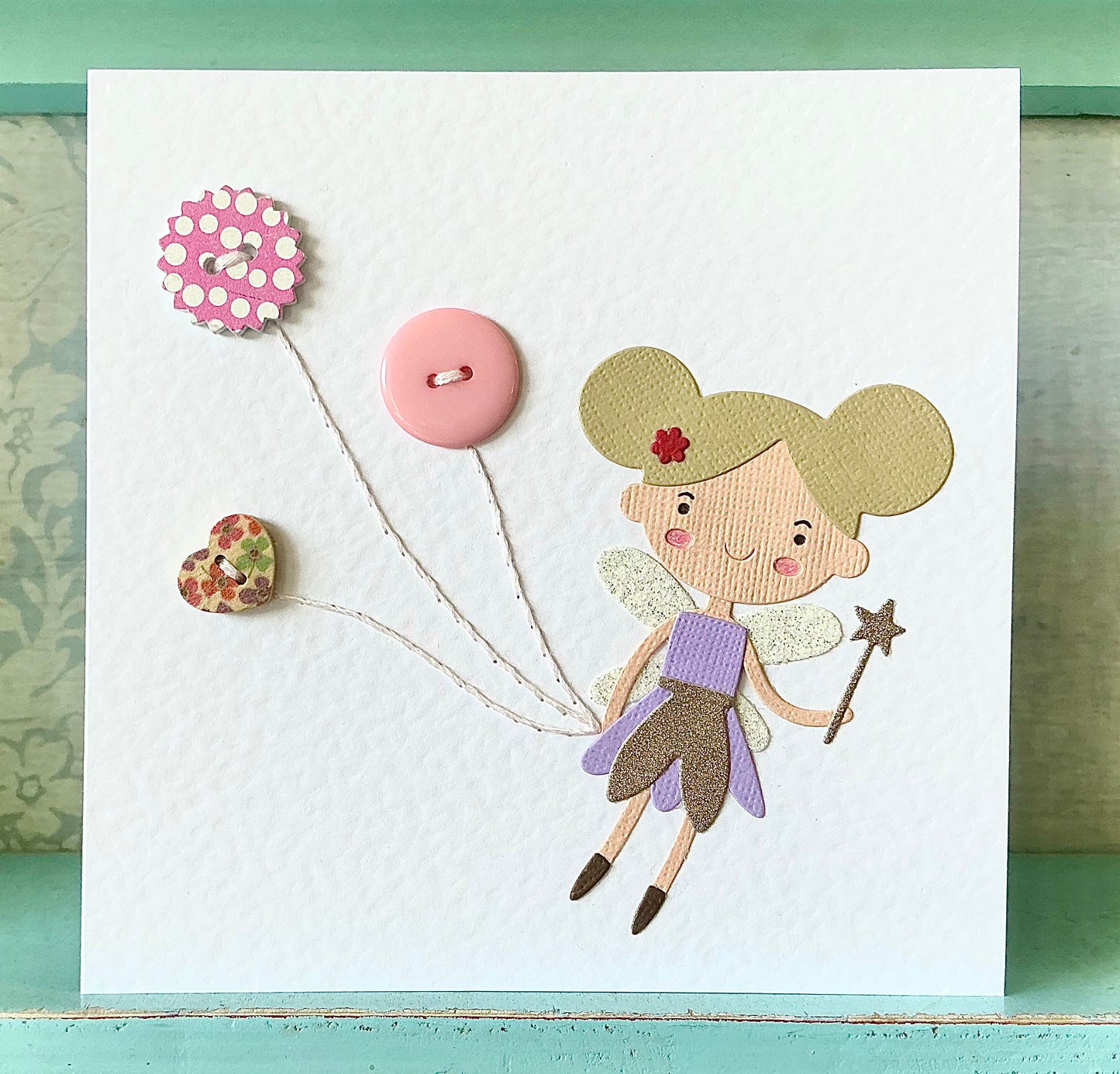 Fairy Card. Hand Sewn Card. Handmade Card. Fairies. Blank Card. Button Card. Birthday Card. Balloon Card. Greetings Card.