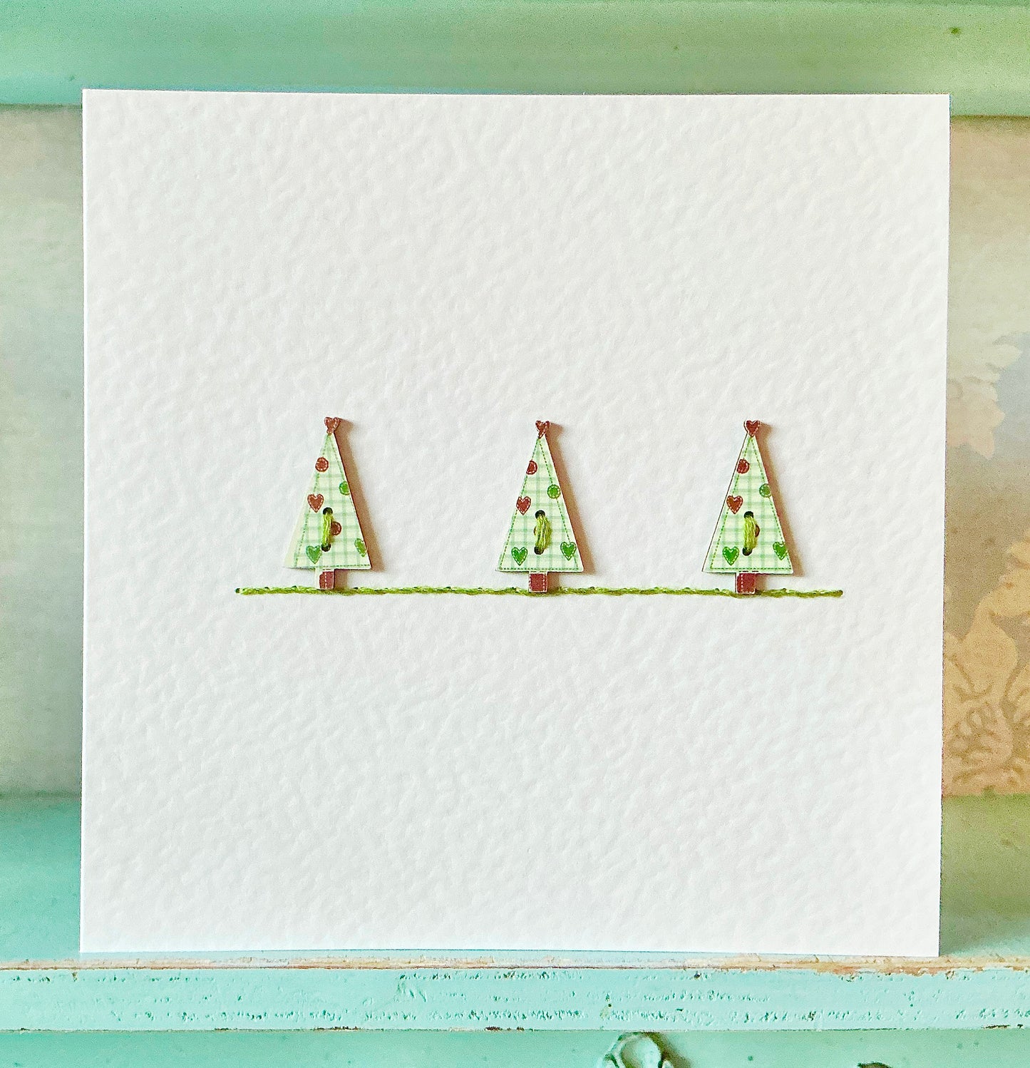 Hand Sewn Christmas Card. Christmas Tree Card. Button Card. Handmade Card. Festive Card.