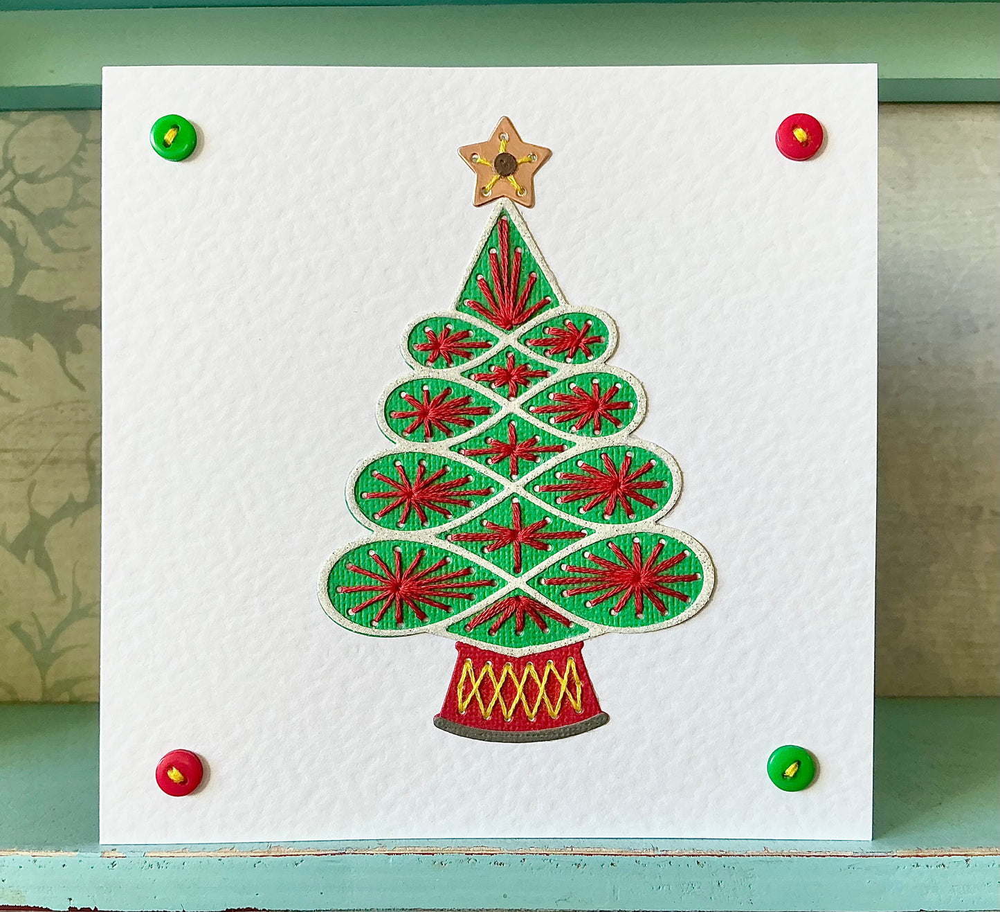 Hand Embroidered Christmas Card. Handmade Christmas Card. Christmas Tree. Christmas Tree Card. Festive Card.