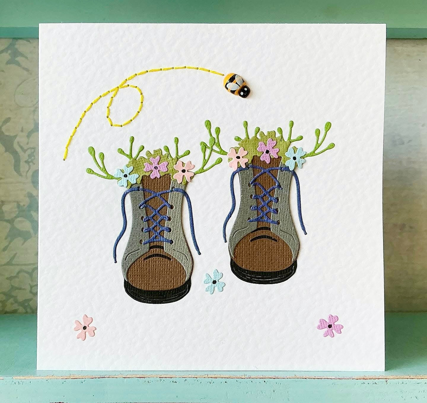 Hand Sewn Card. Hiking Boots Card. Walking Card. Flower Card. Handmade Cards. Blank Card. Any Occasion Card. Hiking. Gardening Card.