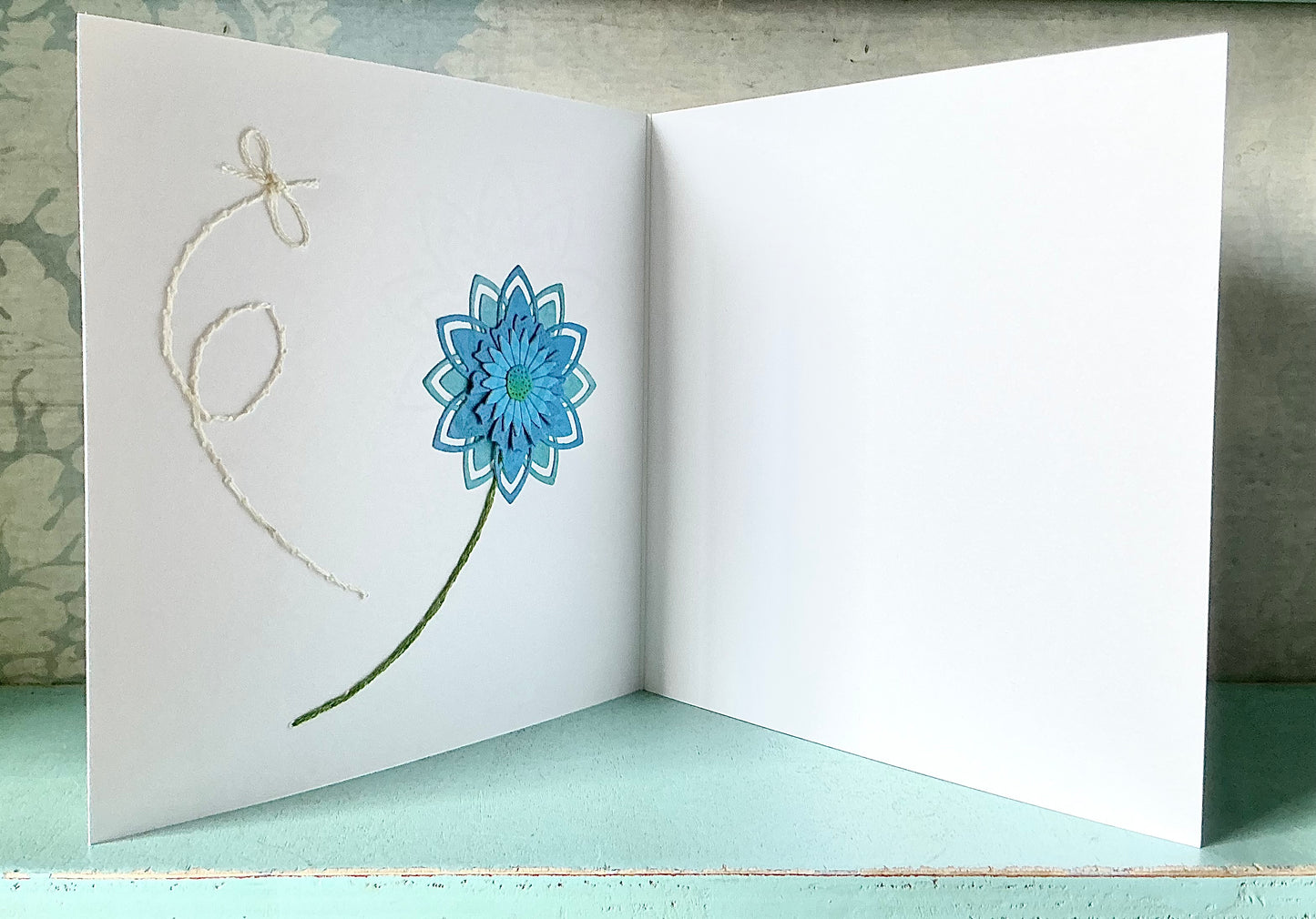 Flower Card. Hand Stitched Card. Handmade Card. Blue Flowers. Bee Card. Blank Card. Any Occasion Card. Greeting Cards.