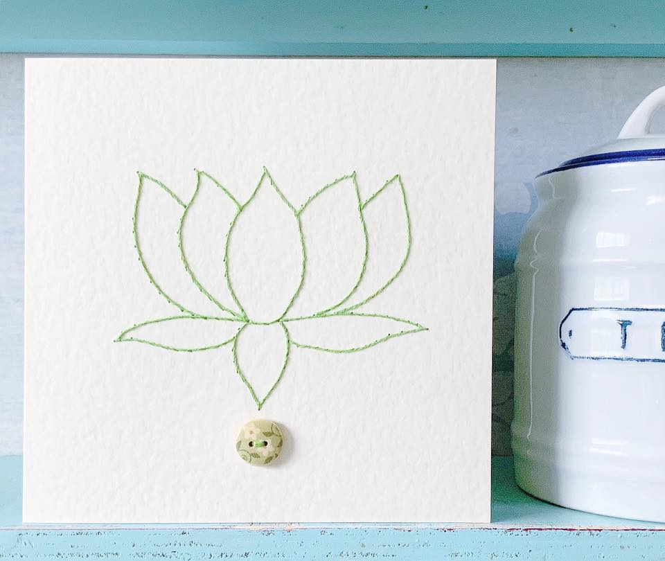 Lotus Flower Card. Hand Stitched Card. Blank Card. Flower Card. Handmade Card.