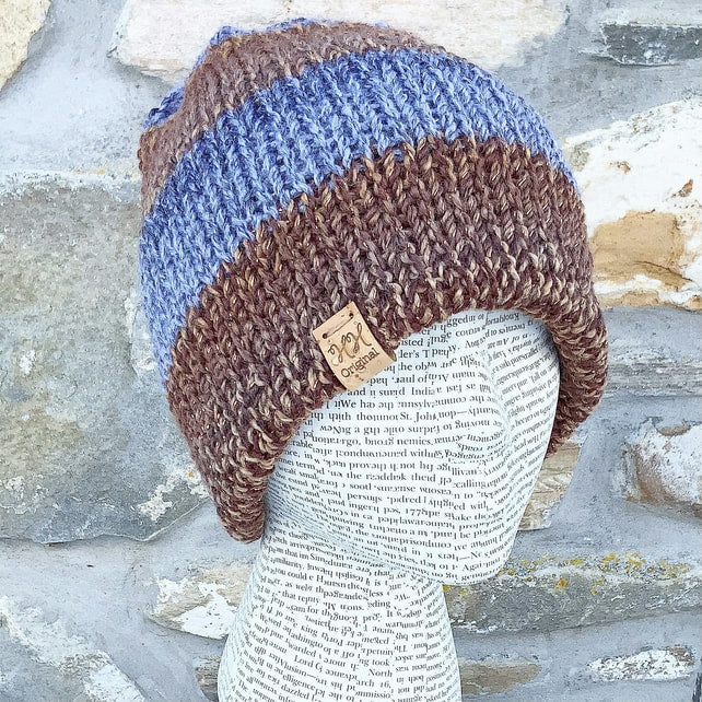 Reversible Hat. Striped Hat. Brown Hat. Chunky Hat. Beanie. Slouchy. Knitted Hat. Woolly Hat. Handmade Hat.