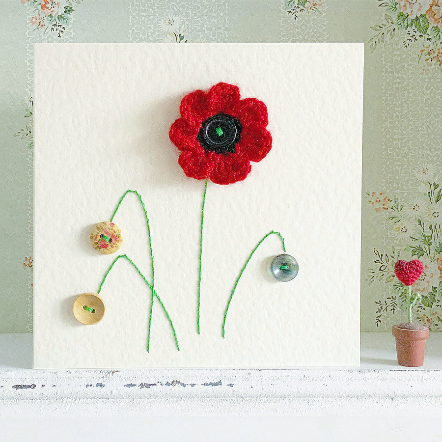 Poppy Card. Hand Stitched Card. Blank Card. Flower Card.