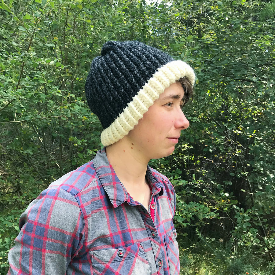Black and Cream Beanie. Fisherman Style Hat. Chunky Knit Hat. Hand Knitted Hat.