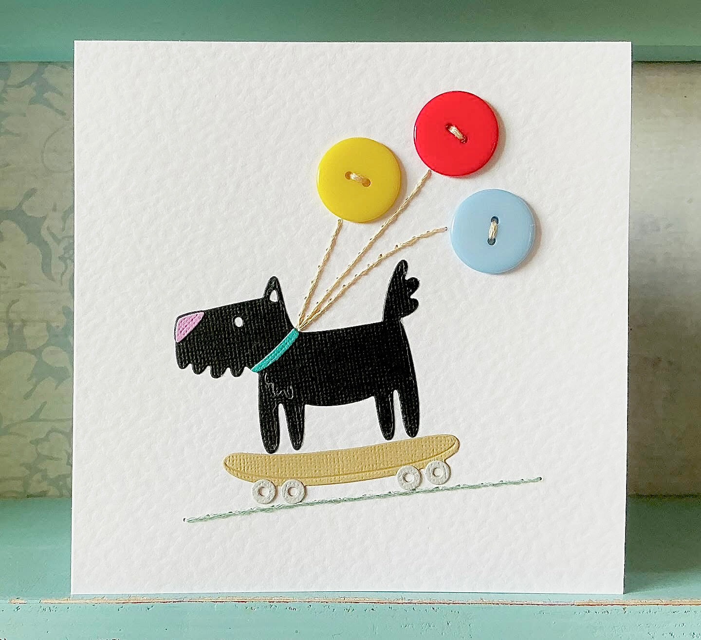 Hand Sewn Card. Skateboarding Card. Scottie Dog Card. Balloon Card. Any Occasion Card. Blank Card. Embroidered Card.