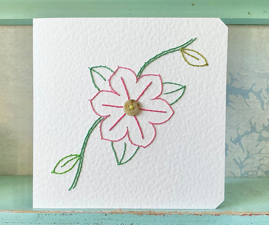 Hand Stitched Clematis Card. Blank Card. Embroidered Clematis Card. Greetings Card. Mothers Day Card. Birthday Card. Thank you Card. Handmade Flower Card. Hand Sewn Card.