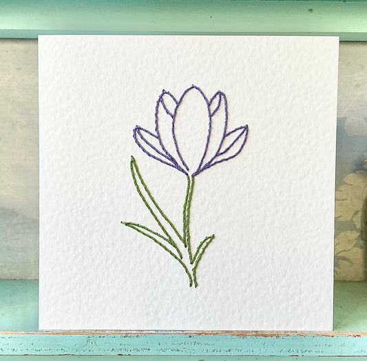 Hand Sewn Crocus Card. Embroidered Card. Hand Stitched Card. Blank Card. Mothers Day Card.