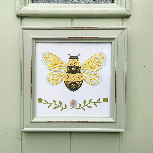 Framed Hand Stitched / Paper Cut Bumble Bee Picture.