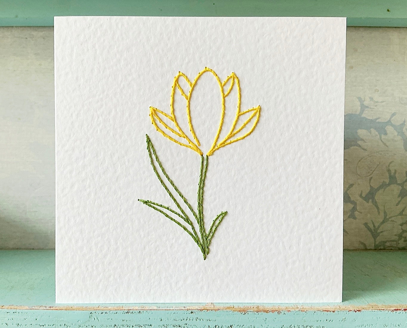 Hand Stitched Yellow Crocus Card. Spring Flower Card. Flower Card. Handmade Card. Embroidered Card. Blank Card. Mothers Day Card.