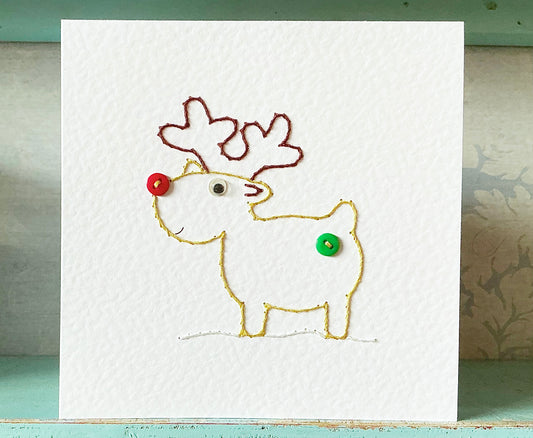 Hand Sewn Card. Reindeer Card. Christmas Card. Hand Stitched Card.