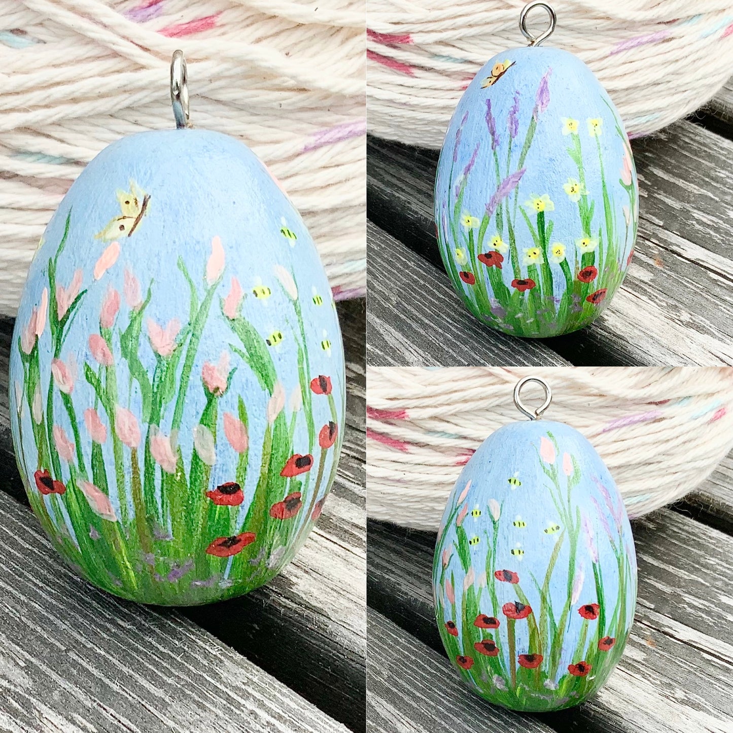 Spring Decoration. Easter Decoration. Hand Painted Wooden Egg. Hanging Decoration. Hand Painted Meadow Flowers. Wildflowers.