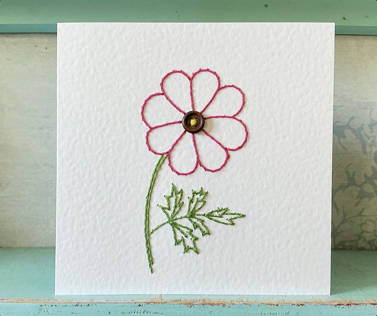 Hand Sewn Cosmos Card. Flower Card. Embroidered Card. Handmade Card. Blank Card. Mothers Day Card. Birthday Card. Anniversary Card. Hand Stitched Card.