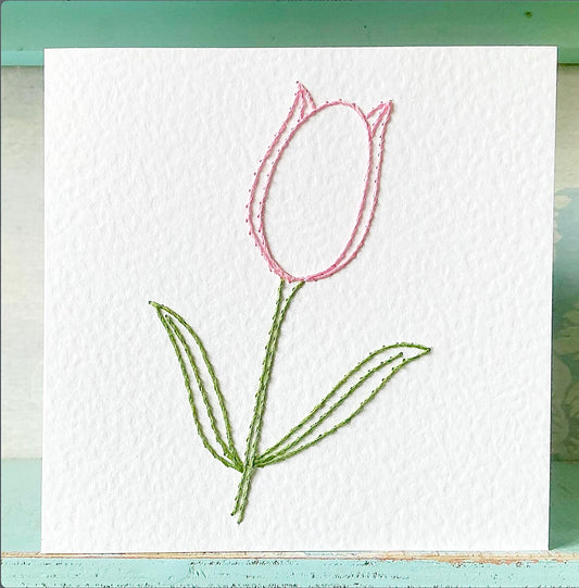 Hand Sewn Tulip Card. Embroidered Card. Hand Stitched Card. Blank Card. Handmade Flower Card.