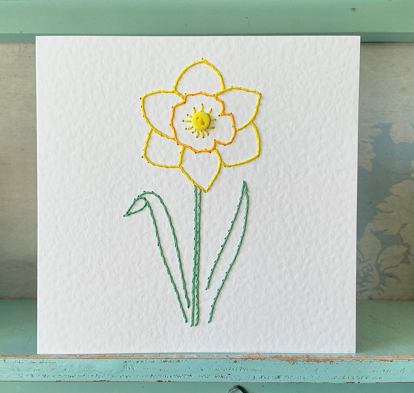 Hand Stitched Daffodil Card. Blank Card. Embroidered Card. Mothers Day Card. Flower Card. Birthday Card.