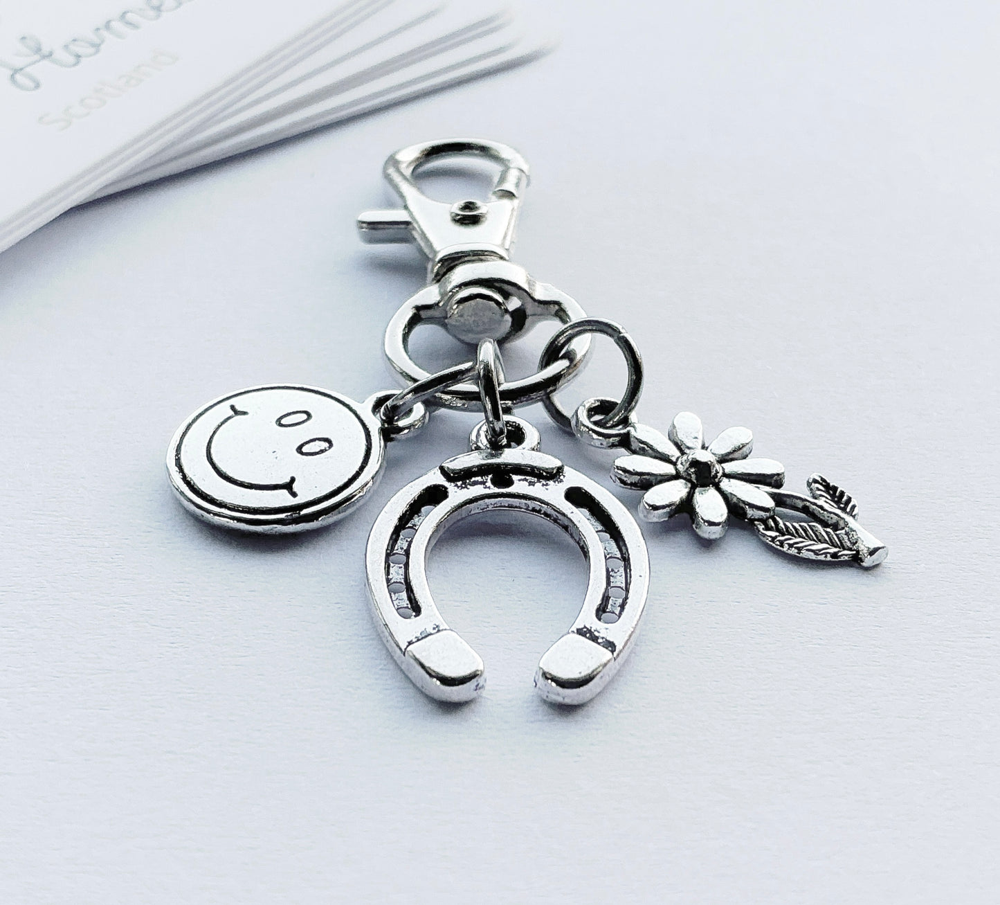 Small Good Luck Bag Charm. Horseshoe Bag Charm. Flower Bag Charm. Happy Face Bag Charm. Charms.