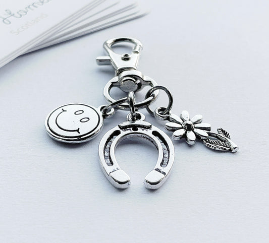 Small Good Luck Bag Charm. Horseshoe Bag Charm. Flower Bag Charm. Happy Face Bag Charm. Charms.