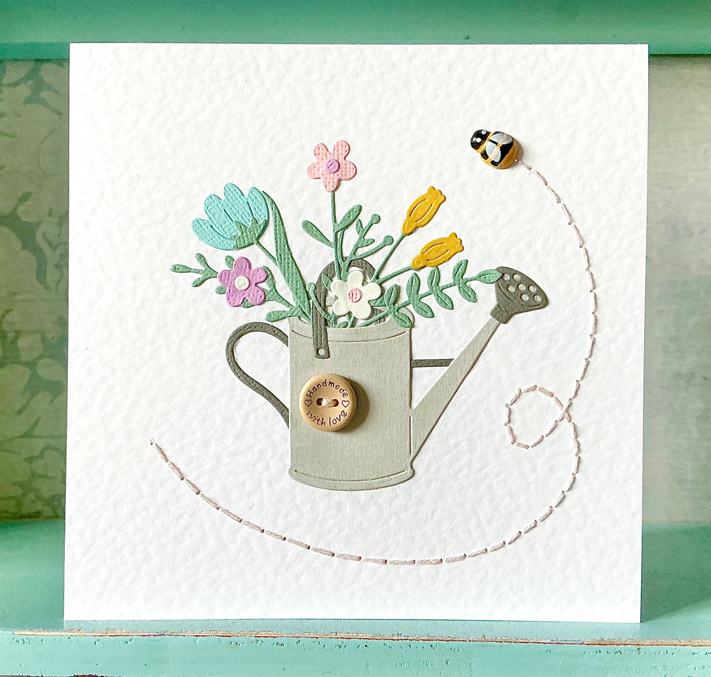 Watering Can Card. Gardening Card. Handmade Card. Hand Sewn Card. Blank Card. Mothers Day Card. Anniversary Card. Any Occasion Card.
