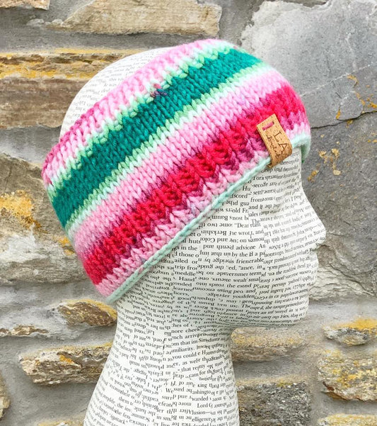 Hand Knitted Neck Warmer / Scarf. Mixed Pink and Green Yarn.
