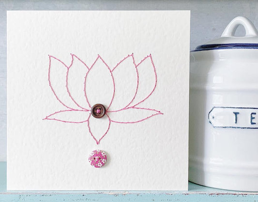 Lotus Flower. Embroidered Card. Hand Sewn Card. Hand Stitched Card. Blank Card.
