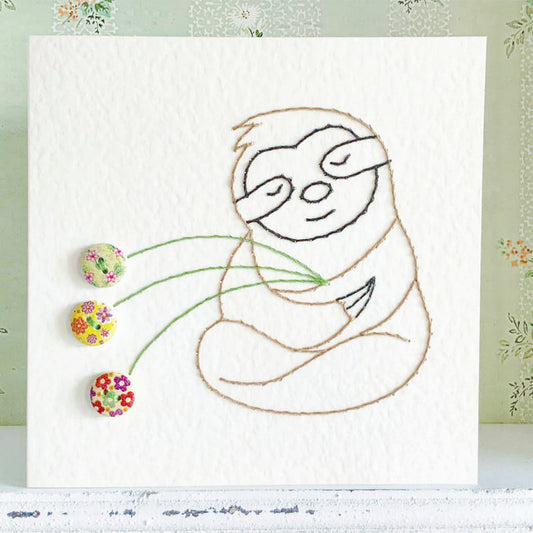 Sloth Card. Embroidered Card. Hand Sewn Card. Blank Card. Handmade In Scotland.