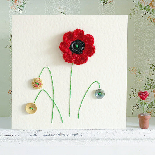 Poppy Card. Hand Stitched Card. Blank Card. Flower Card.