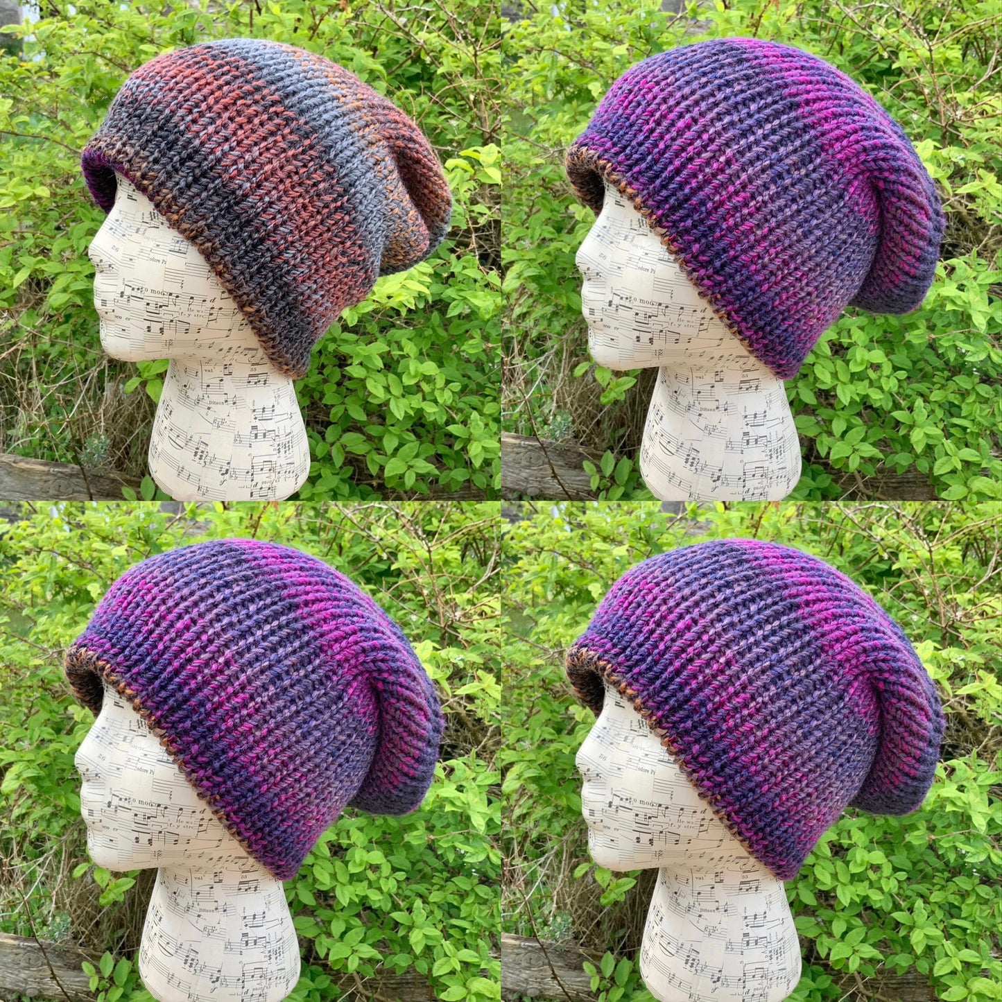 Reversible Knitted Hat. Slouchy. Beanie. Purple Hat. Brown Hat.